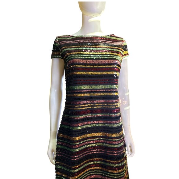 Vince Camuto Multicolor Striped Sequin Dress Sz 6 Short Sleeve Holiday Party EUC - Picture 3 of 7